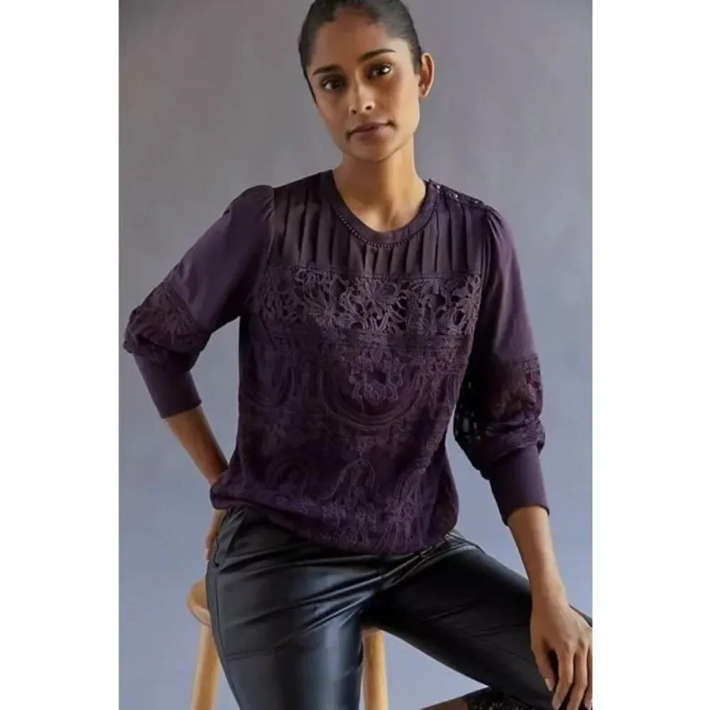 TINY by‎ Anthropologie Violet Lace Mixed Media Blouse Sz S
